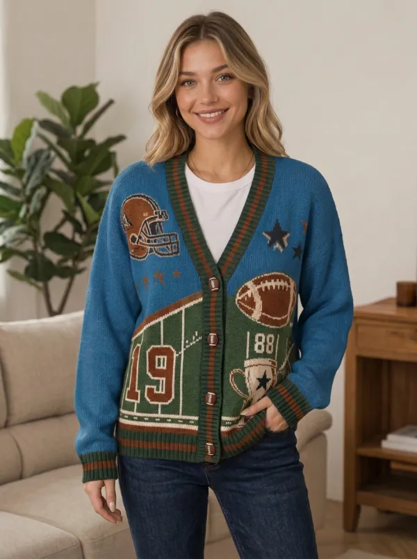 Women's American Football Lover Helmet Ball Pattern Knitted Cardigan
