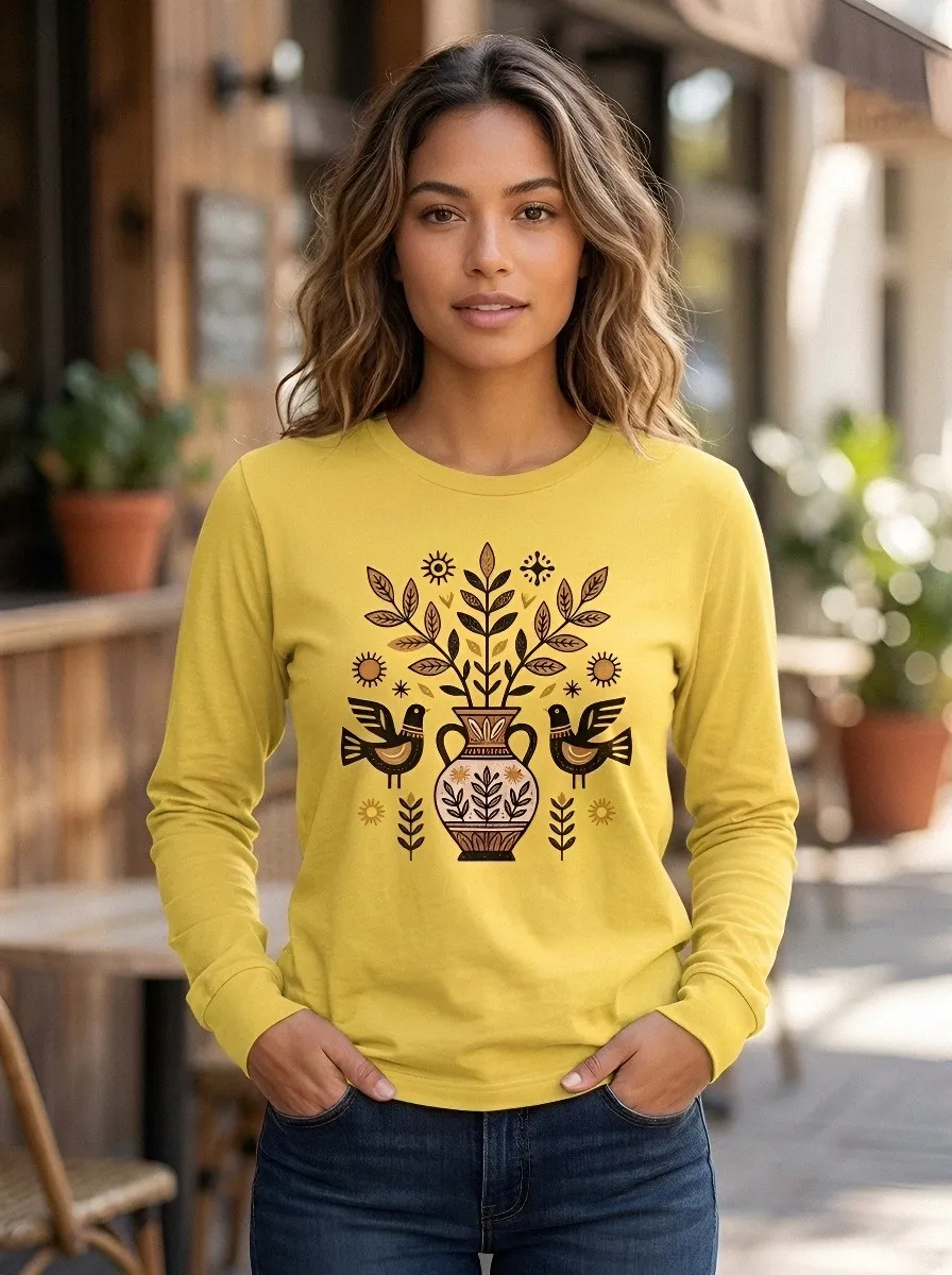 Women's Folk Art Bird and Vase Printed Long Sleeve Top
