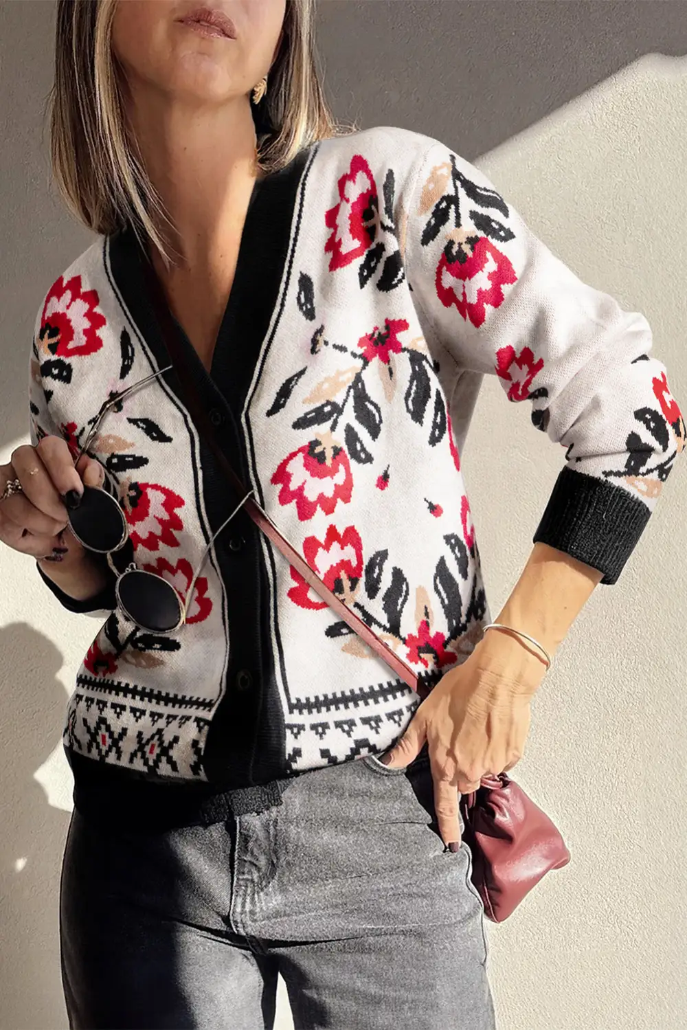 Floral Print Button Front V Neck Knit Everyday Layer Cardigan