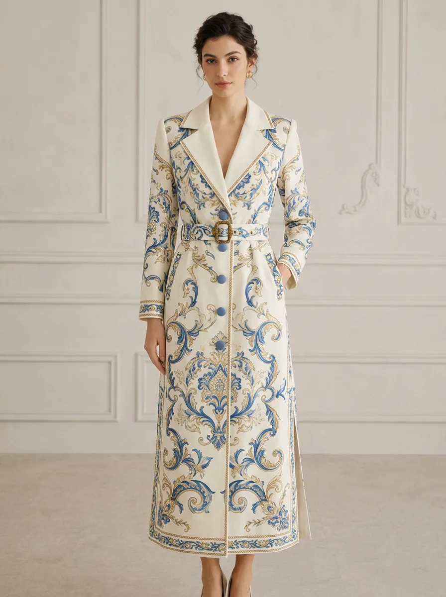 Women's Baroque Floral Pattern Printed Trench Coat