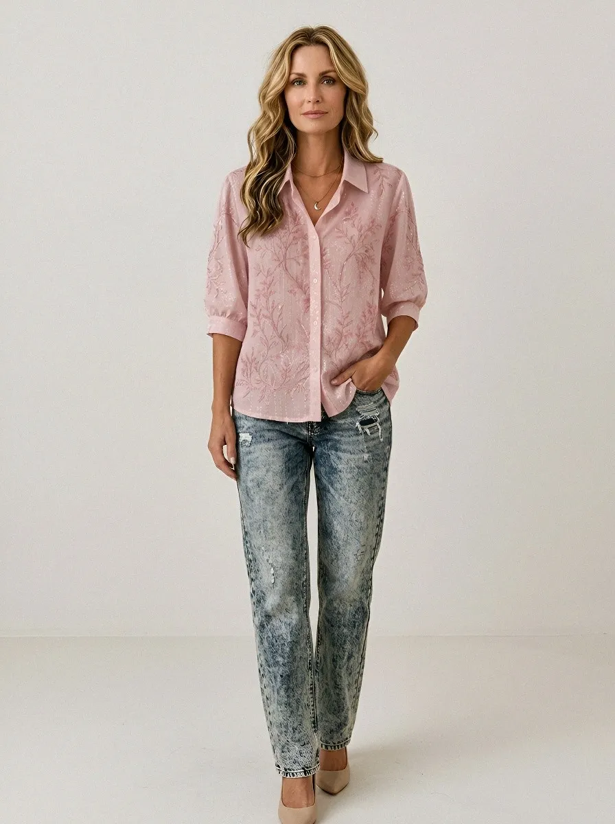 Women's Breast Cancer Awareness Pink Floral Embroidered Button-Down Shirt