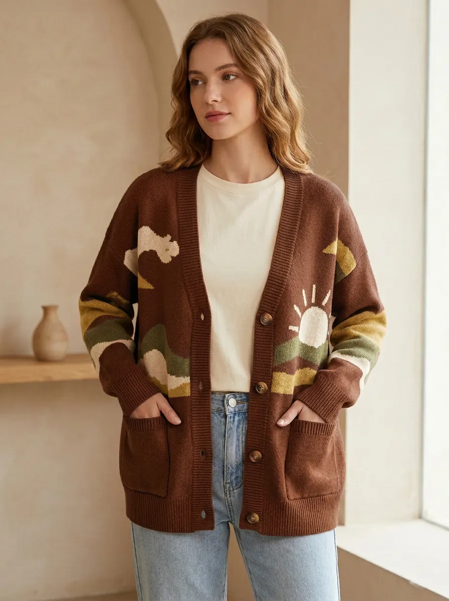 Sun Cloud Landscape Patterned Women's Knit Cardigan