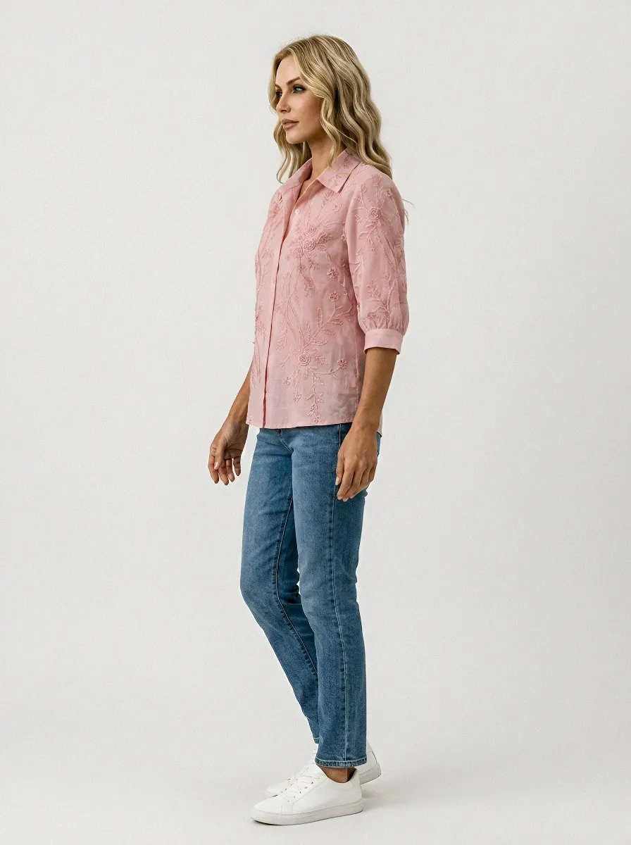 Women's Breast Cancer Awareness Pink Floral Embroidered Button-up Shirt