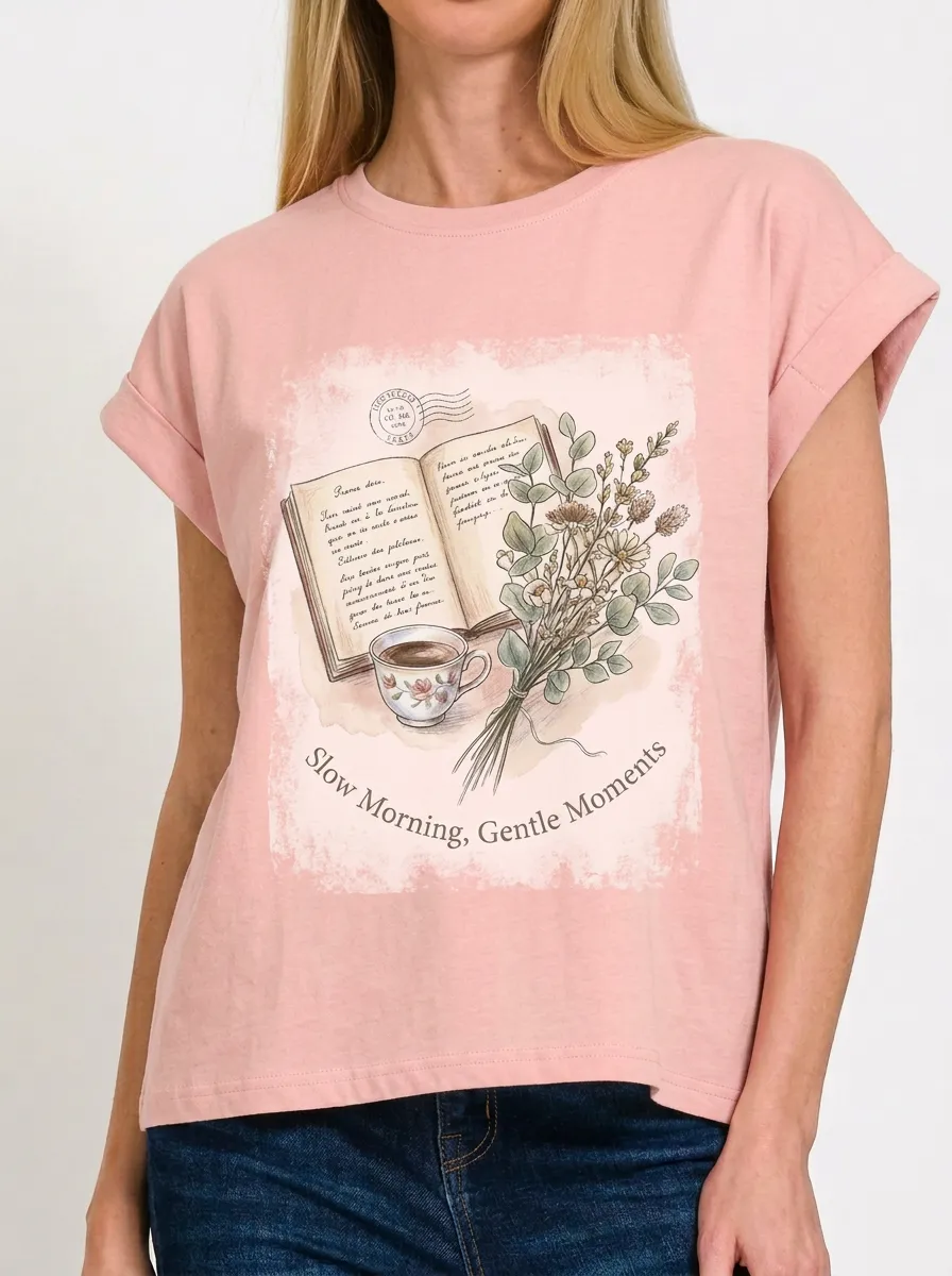 Women's Book Coffee Flower Lover Slow Morning Printed T-shirt