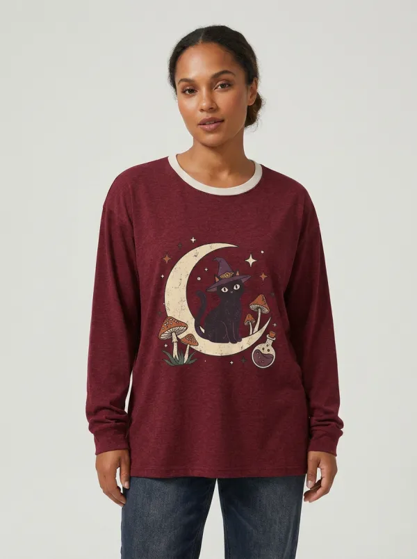 Women's Halloween Witch Cat Moon Mushroom Printed Long Sleeve T-shirt