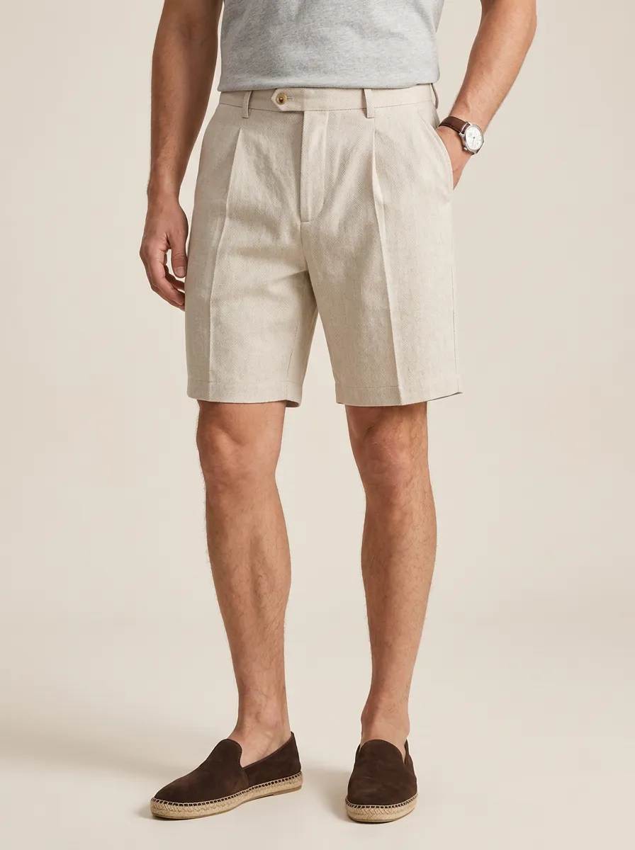 Men's Relaxed Linen Casual Summer Pleated Linen Shorts