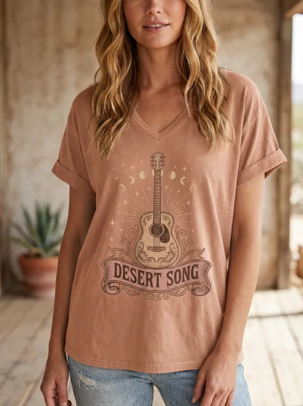 Women's Western Music Lover Desert Song Guitar Printed V-Neck T-Shirt