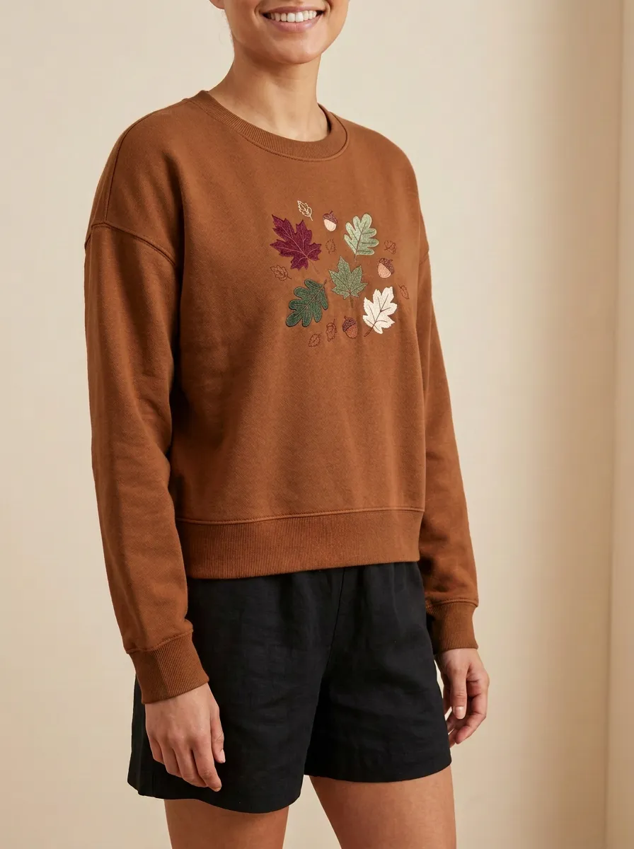 Textured Maple-Leaf Embroidered Acorn Graphic Sweatshirt