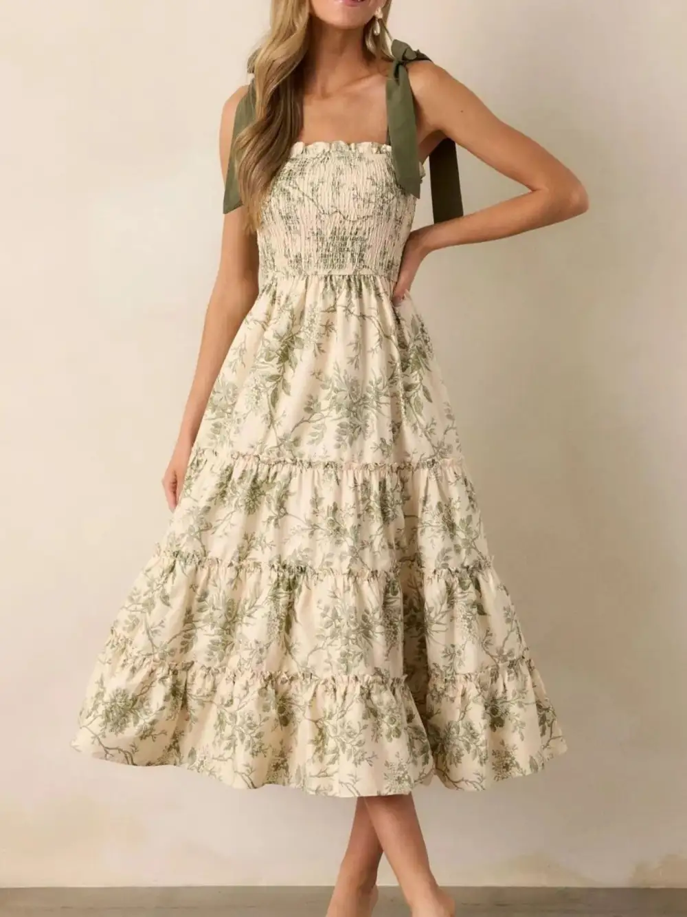 Floral Print Smocked Tiered Midi Dress Effortlessly Feminine