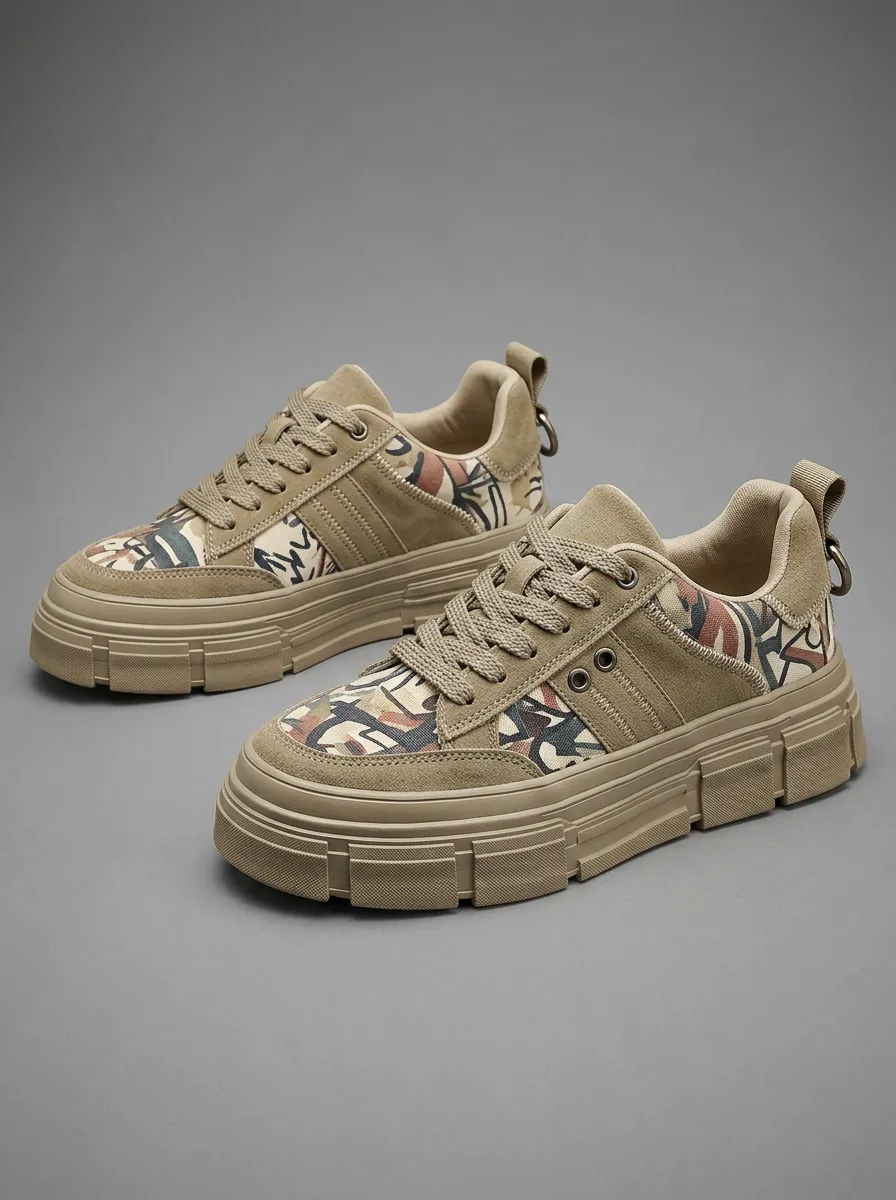 Men's Khaki Camo Pattern Printed Casual Sneakers