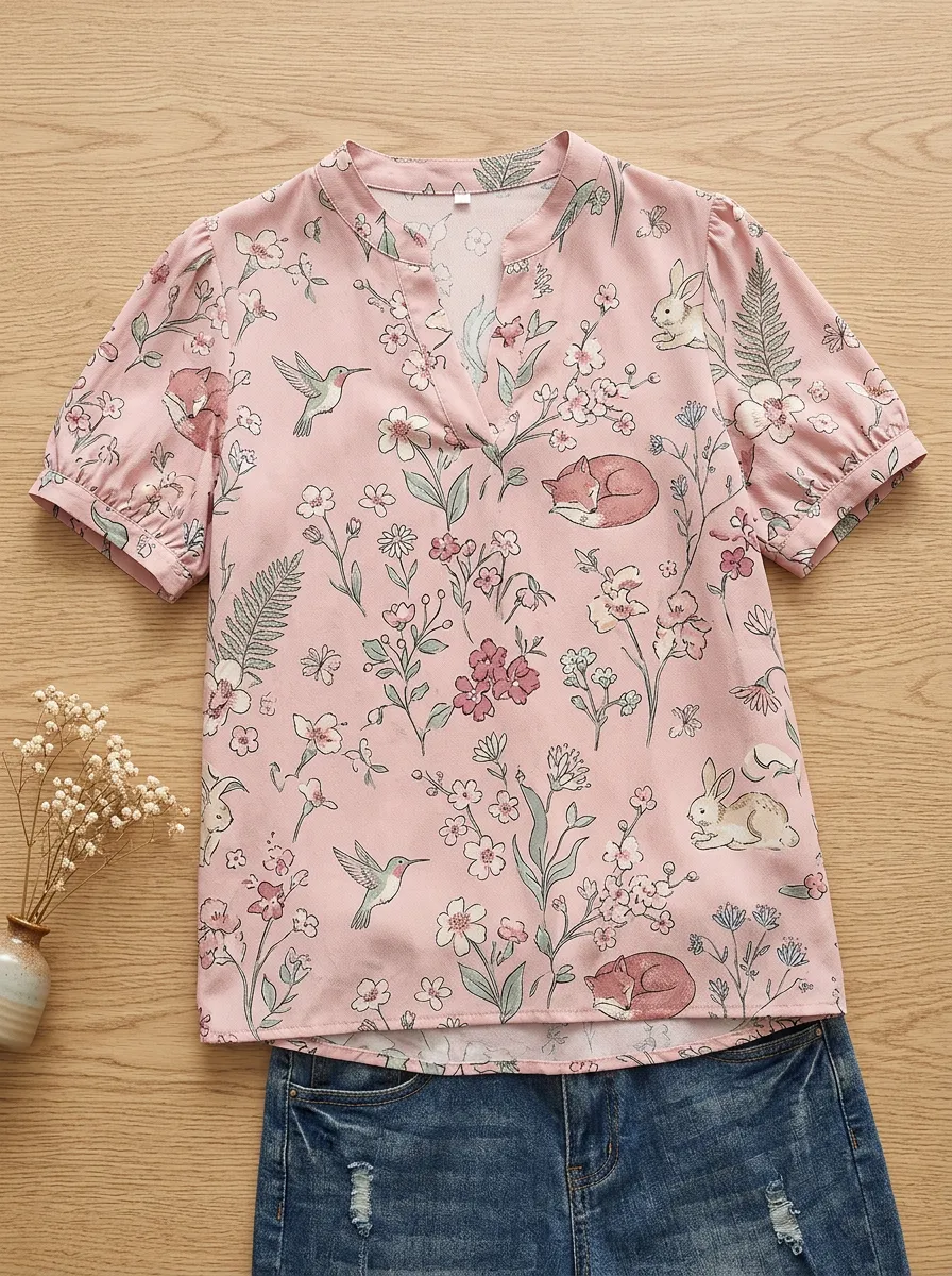 Hummingbird Fox Rabbit Women's Loose Printed T-Shirt