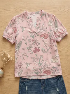 Hummingbird Fox Rabbit Women's Loose Printed T-Shirt