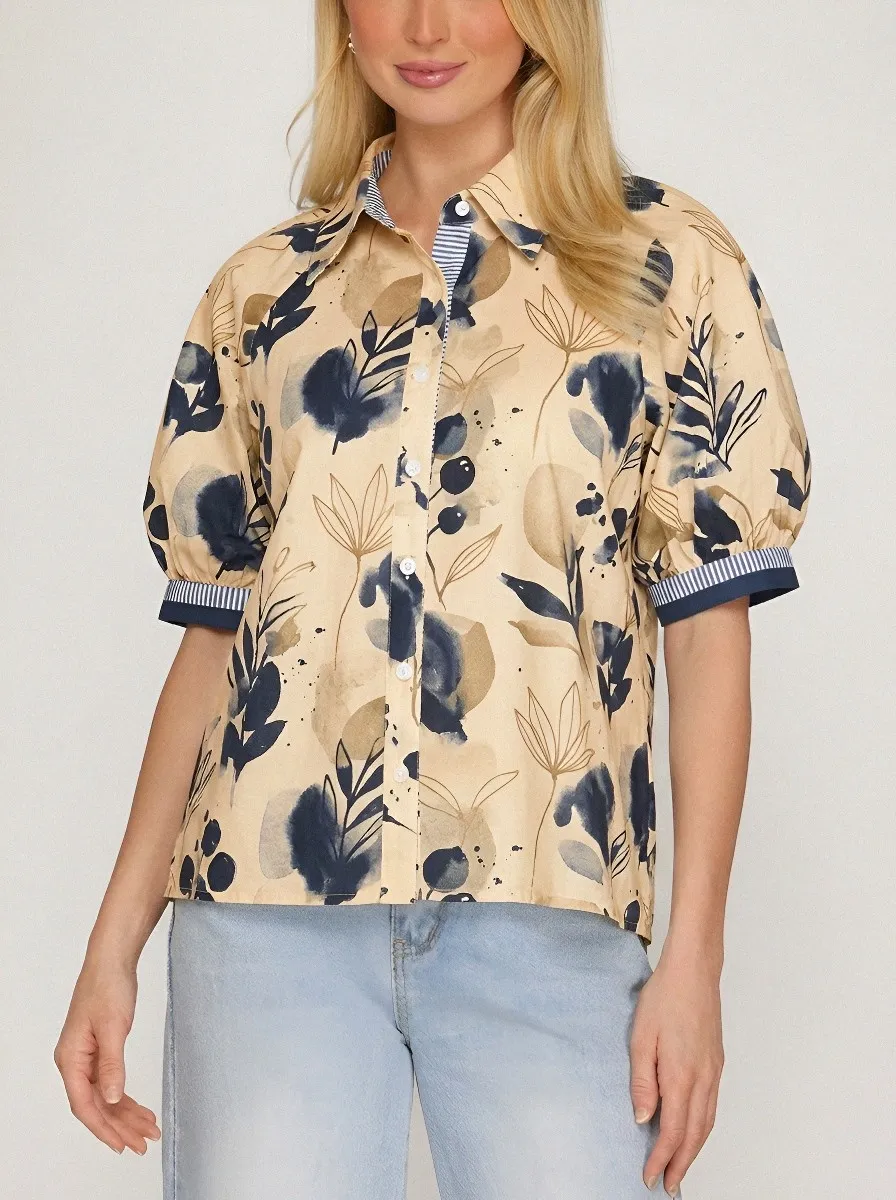 Women's Botanical Abstract Floral Printed Puff Sleeve Shirt