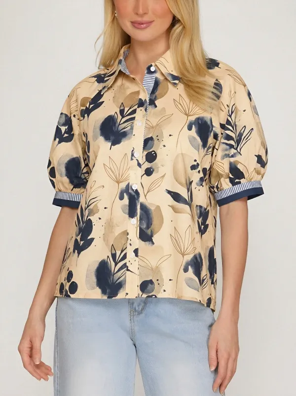 Women's Botanical Abstract Floral Printed Puff Sleeve Shirt