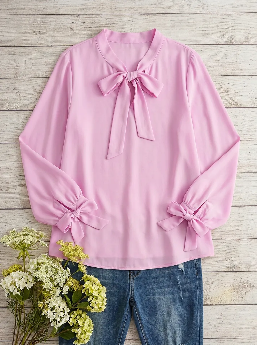 Women's Keyhole Neck Tie-neck Bow-detail Blouse