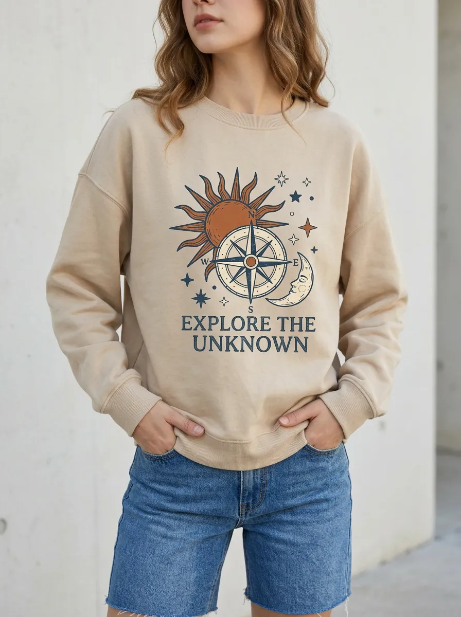 Women's Adventure Compass Sun Moon Printed Sweatshirt