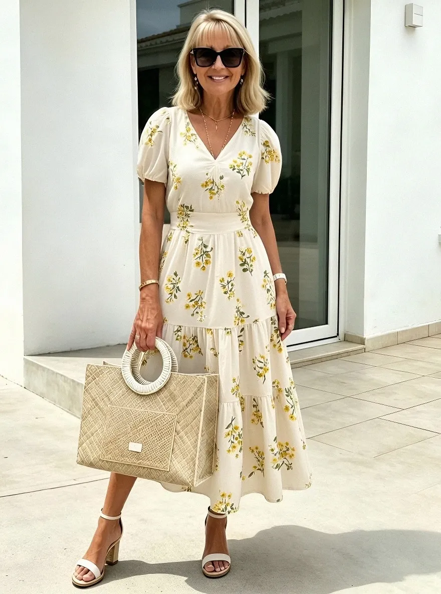 Women's Summer Vacation Yellow Daisy Floral Printed Dress
