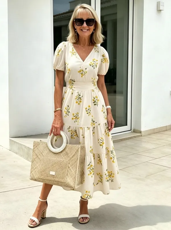 Women's Summer Vacation Yellow Daisy Floral Printed Dress