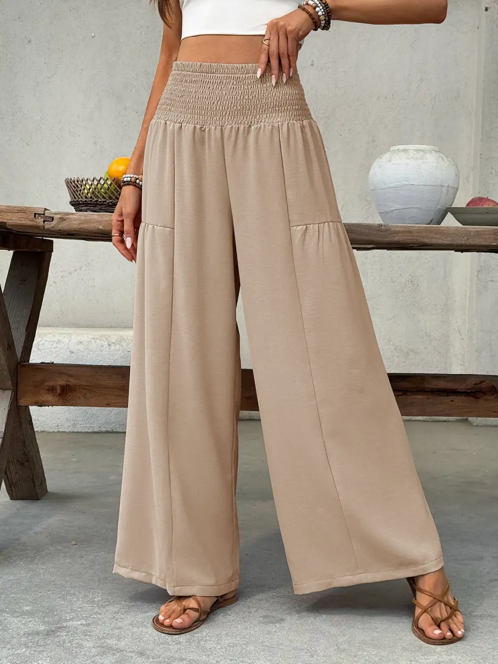 Smocked Waist Wide Leg Pants