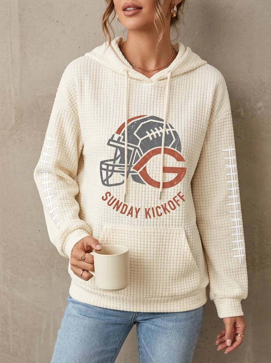 Women's Football Fan Sunday Kickoff Helmet Printed Waffle Hoodie