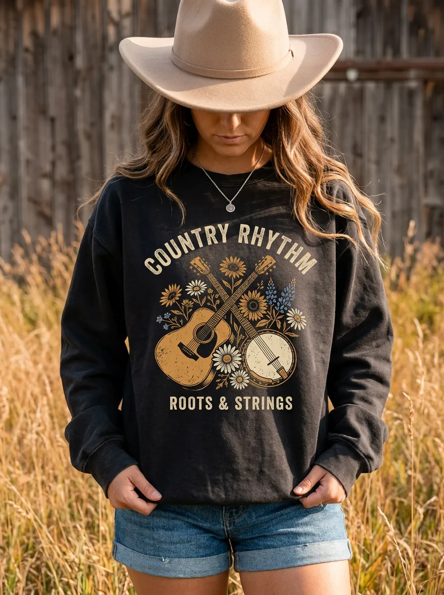 Country Music Guitar Sunflower Crew Neck Sweatshirt