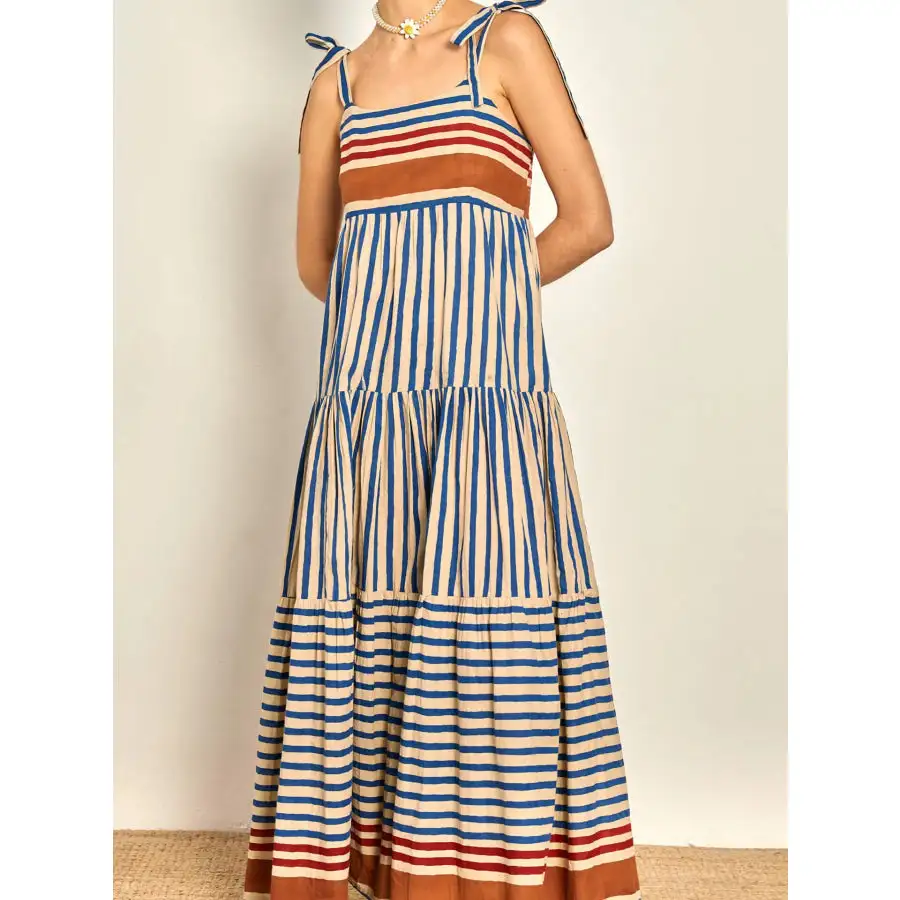Striped Tie Shoulder Tiered Maxi Dress