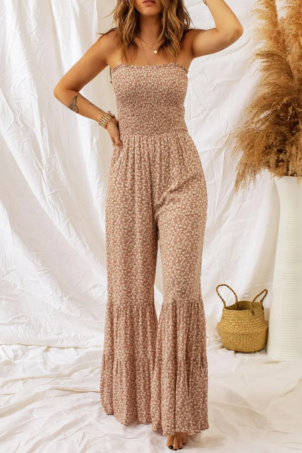 Floral Spaghetti Strap Smocked Wide Leg Accessory