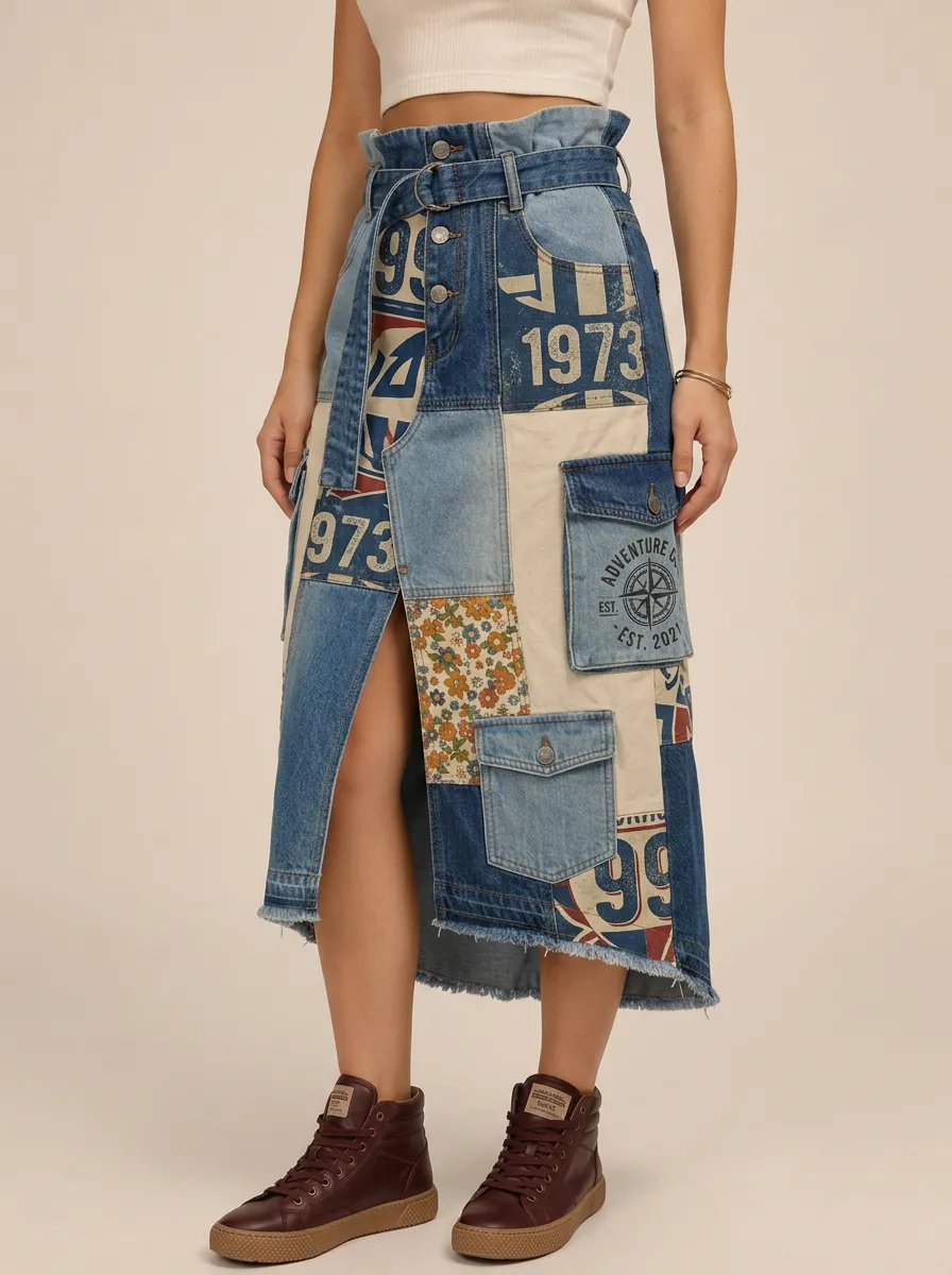 Women's Vintage Adventure Patchwork Printed Denim Midi Skirt