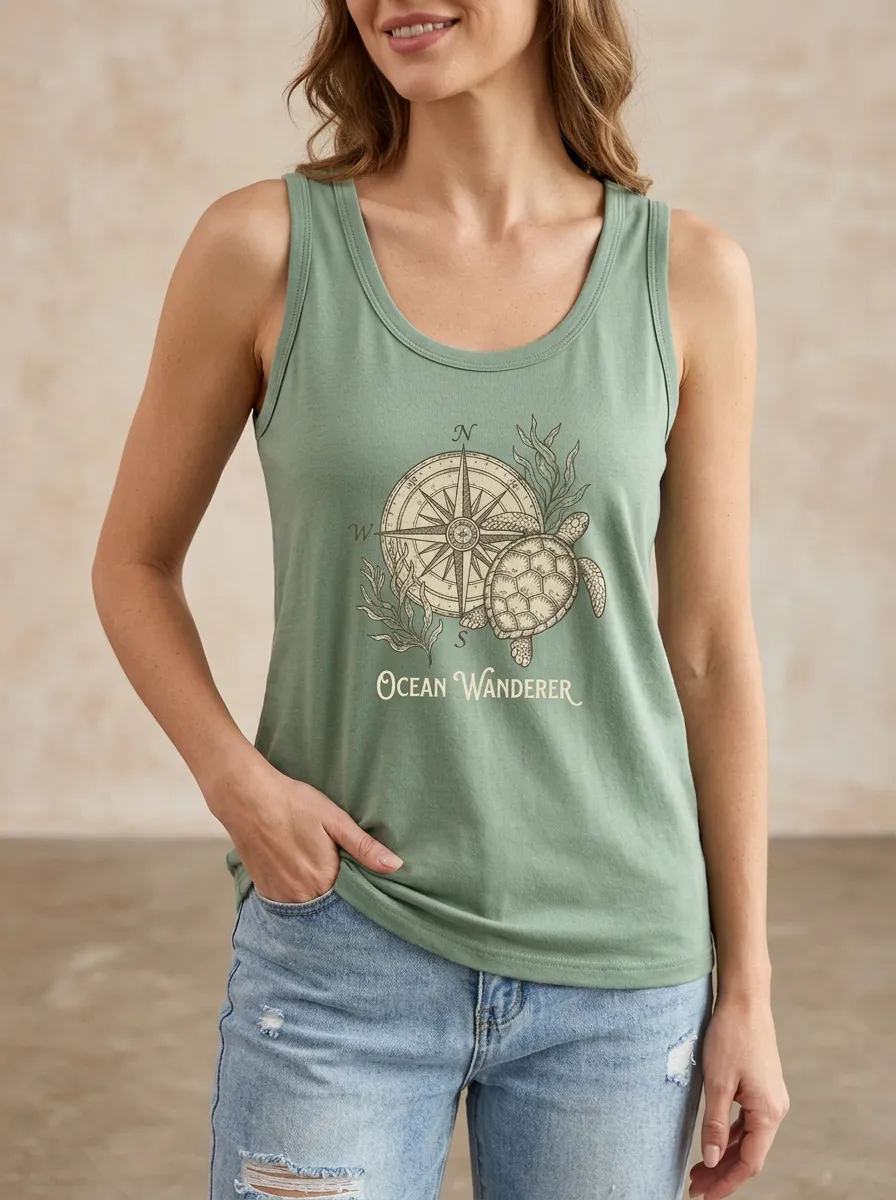 Women's Ocean Wanderer Sea Turtle Compass Printed Tank Top
