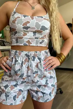 Refined Active Cropped Relaxed Camouflage Two-Piece Set