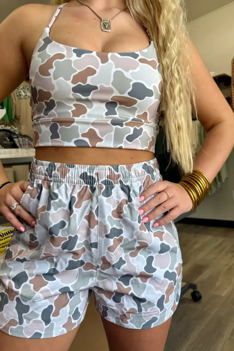 Refined Active Cropped Relaxed Camouflage Two-Piece Set