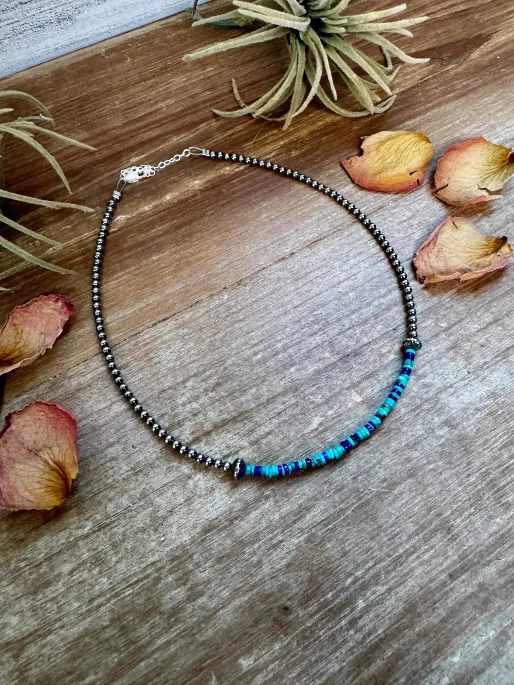 Chain Beaded Turquoise Lapis Sterling Silver Choker Necklace