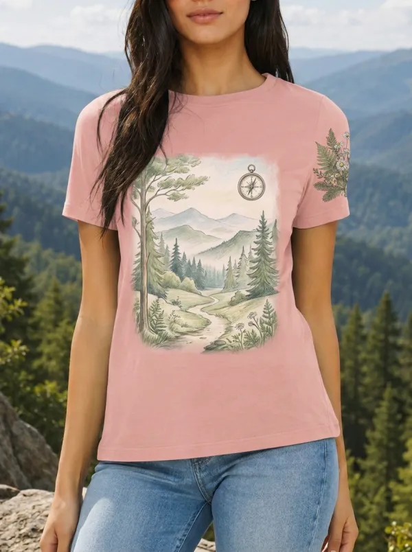 Women's Nature Lover Forest Compass Mountain Printed T-shirt