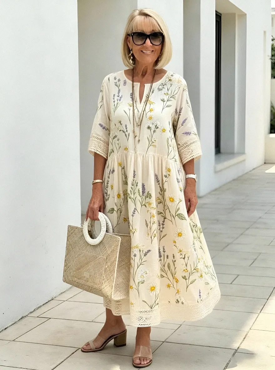 Women's Summer Vacation Floral Botanical Printed Midi Dress