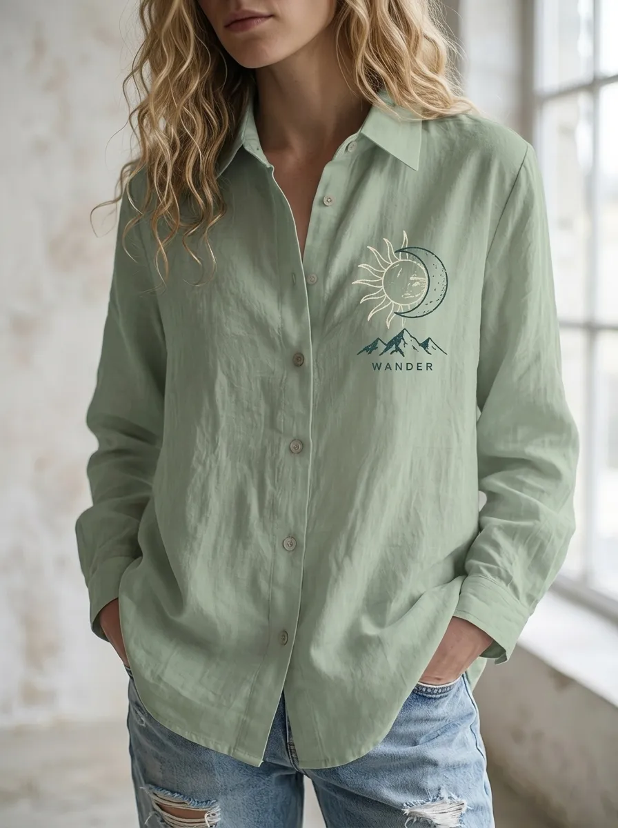 Women's Wander Nature Lover Sun Moon Mountain Printed Shirt