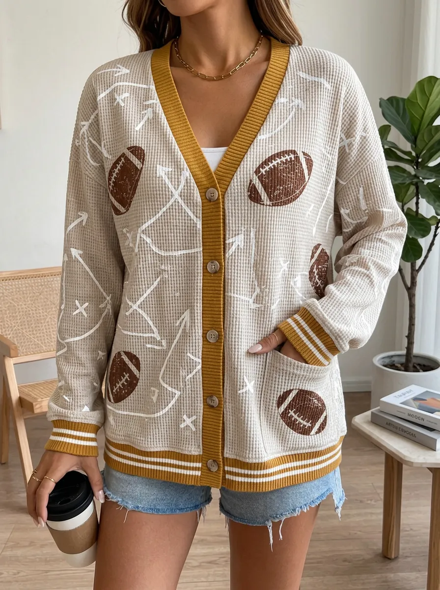 Women's Heritage Football Fan Playbook Pattern Printed Waffle Knit Cardigan