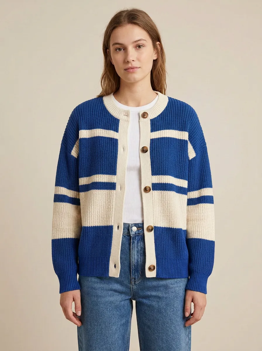 Sport Inspired Rugby Striped Button Front Knit Cardigan