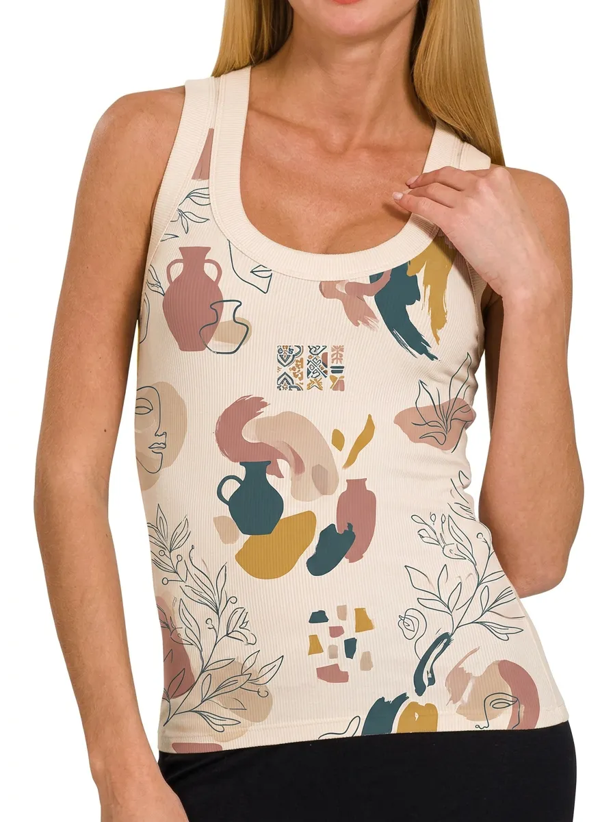 Women's Abstract Vase Botanical Art Printed Ribbed Tank Top