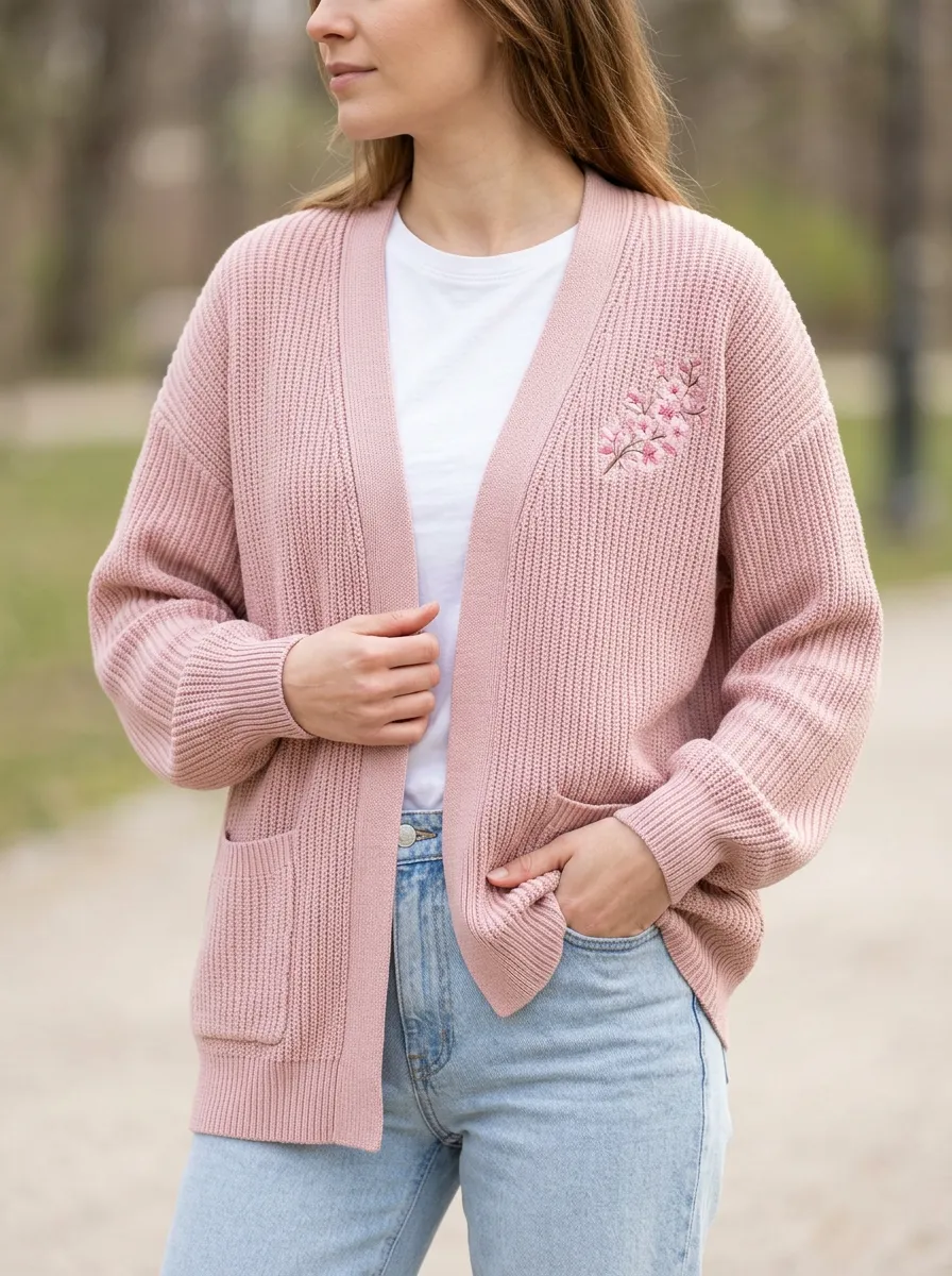 Women's Cherry Blossom Floral Embroidered Pink Knit Cardigan