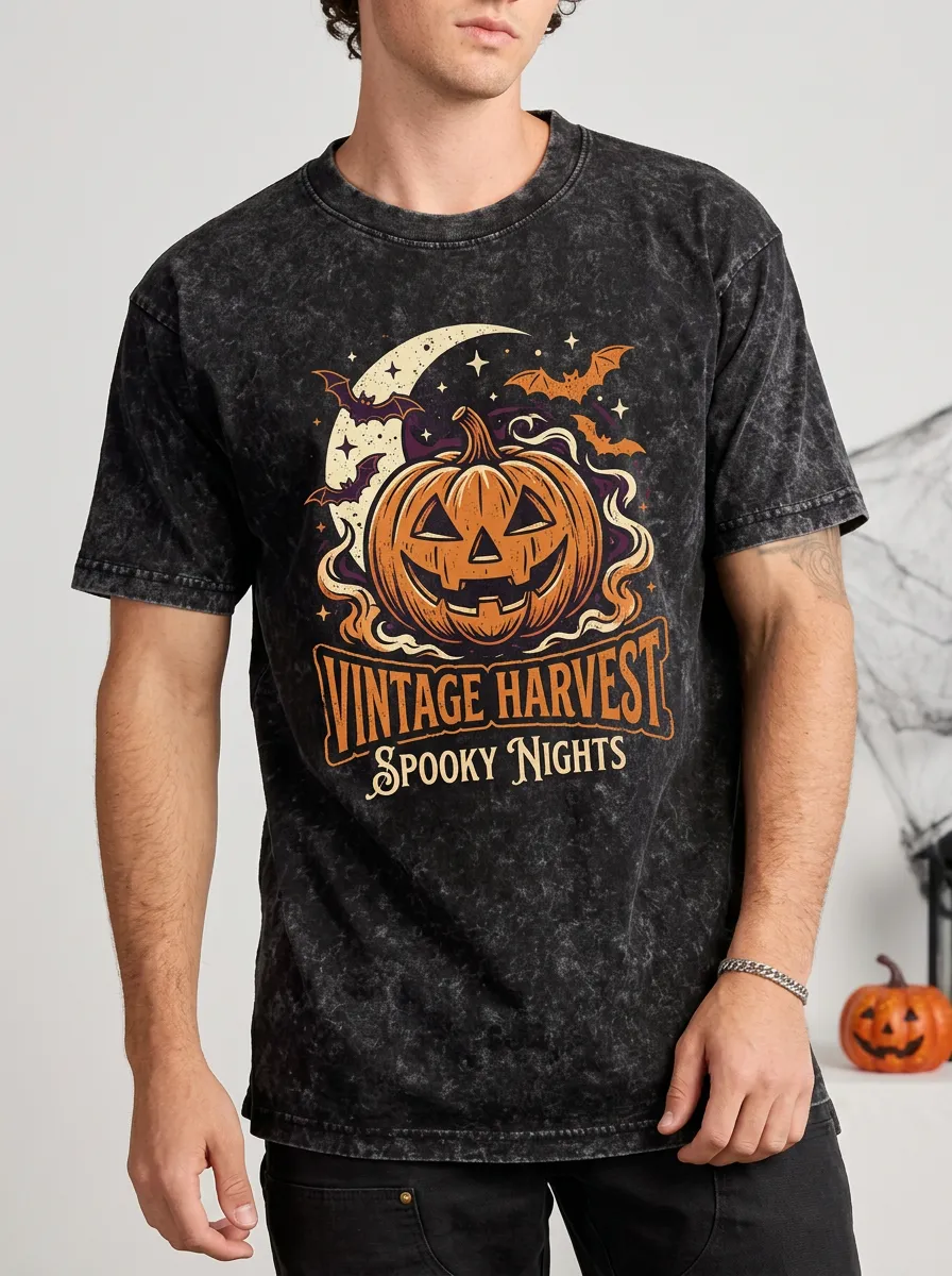 Men's Halloween Vintage Harvest Pumpkin Bat Printed T-shirt