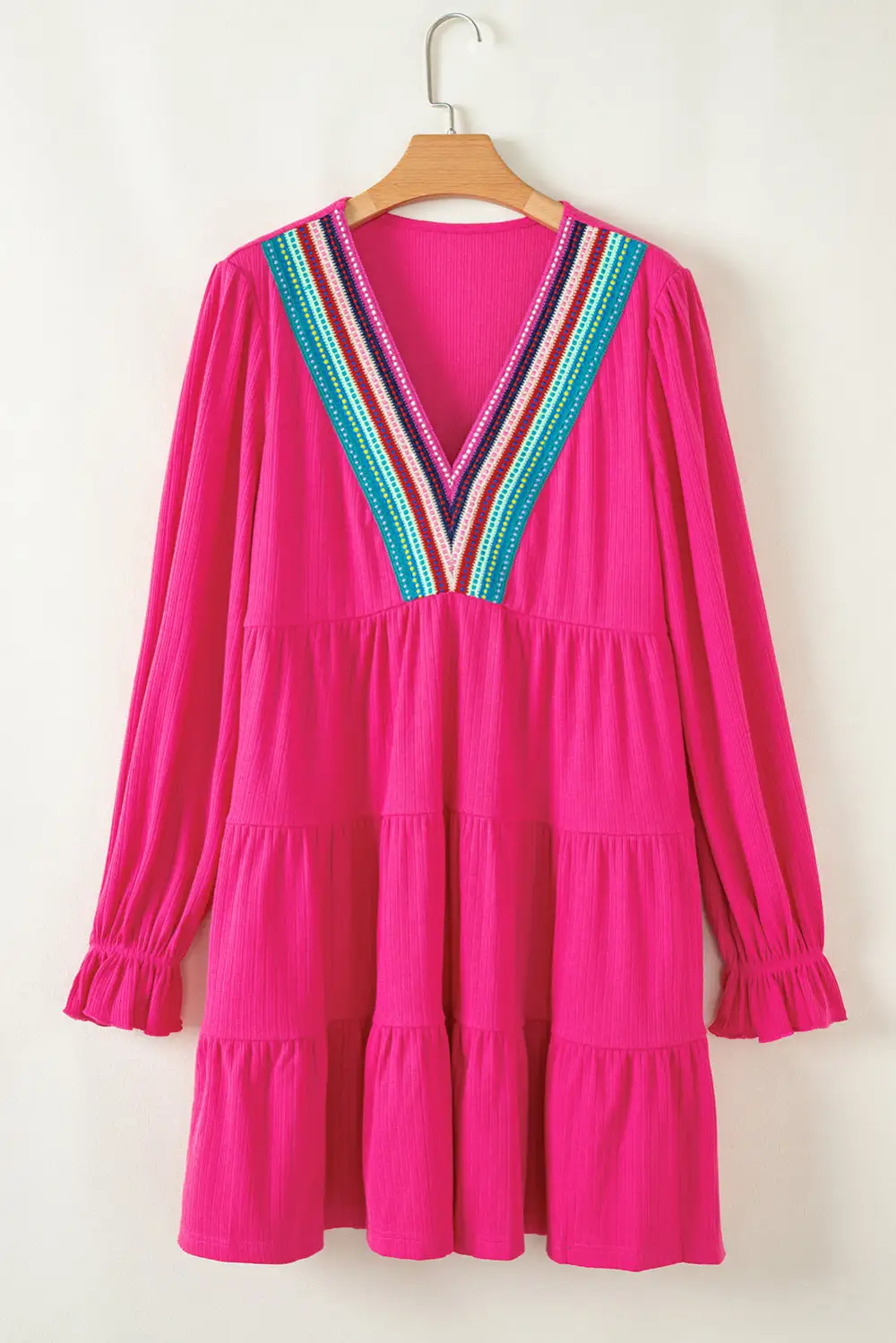Textured Ruffle Trim Tiered Mini Dress