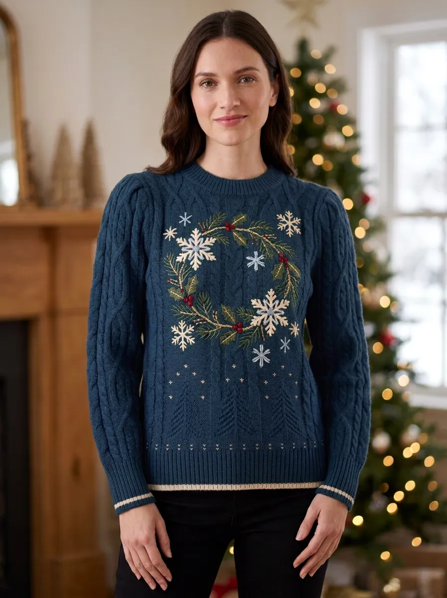 Christmas Holiday Snowflake Wreath Embroidered Cable Knit Sweater