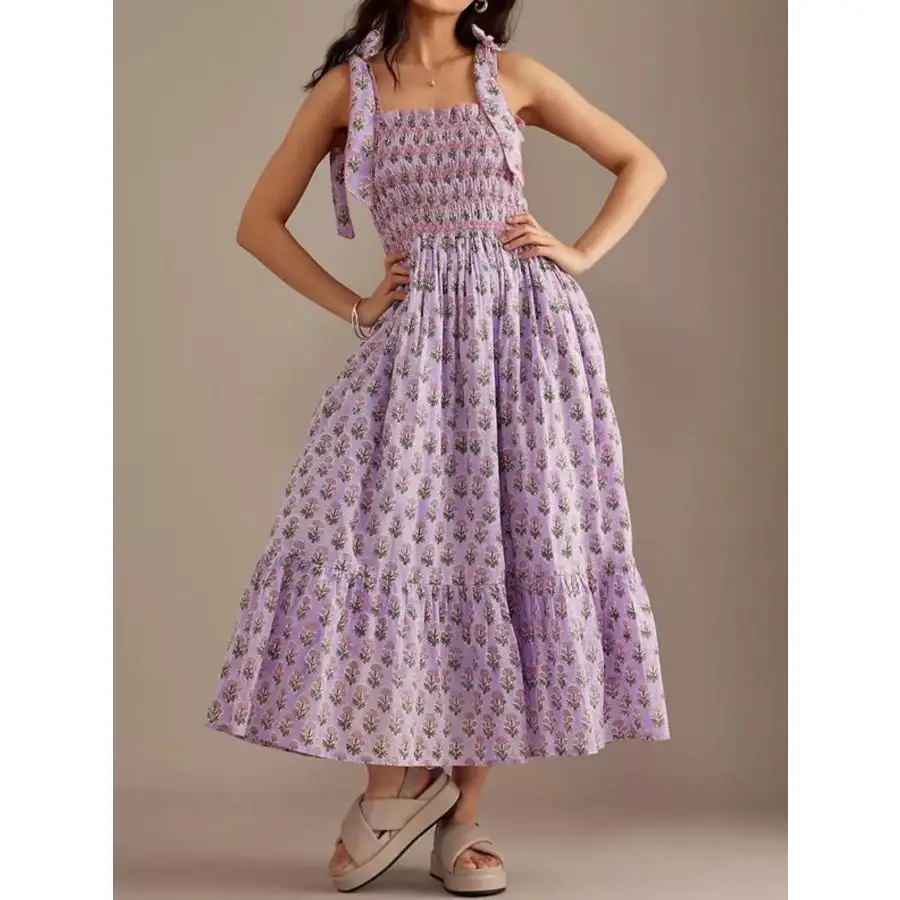 Smocked Tie-Shoulder Midi Dress