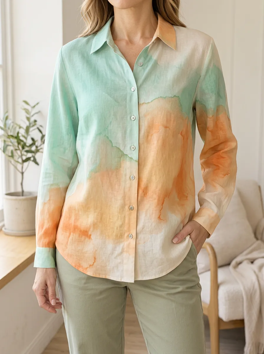 Women's Fluid Watercolor Abstract Long Sleeve Shirt