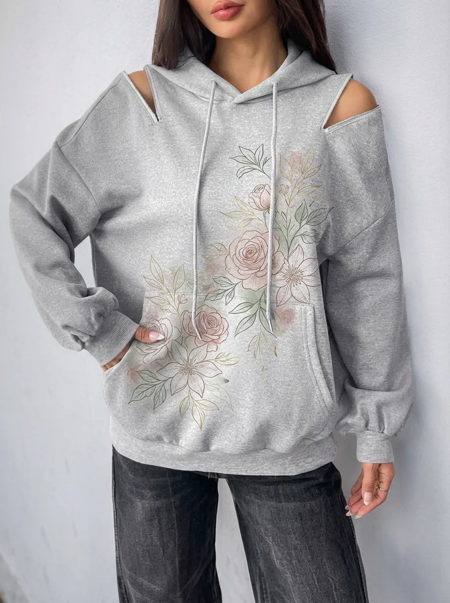Women's Floral Botanical Art Cold Shoulder Printed Hoodie