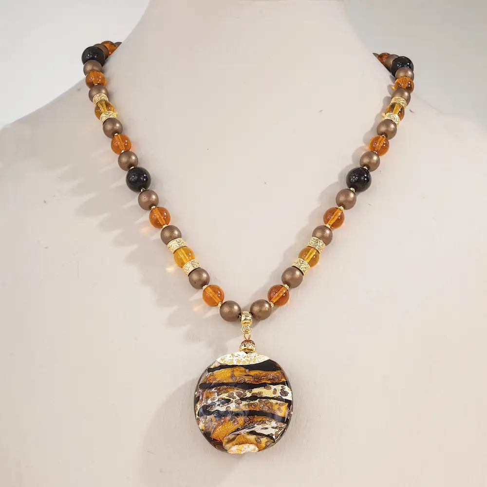 Gemstone Beaded Coin Pendant Necklace