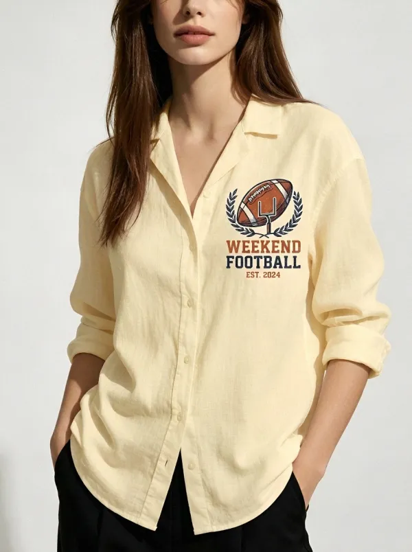 Women's Weekend Football Goalpost Printed Button-down Shirt