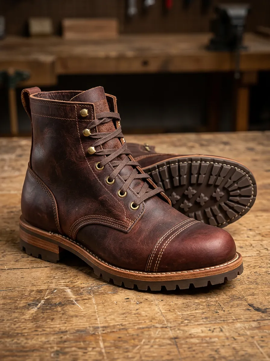 Men's Vintage Brown Leather Cap Toe Lace-up Boots