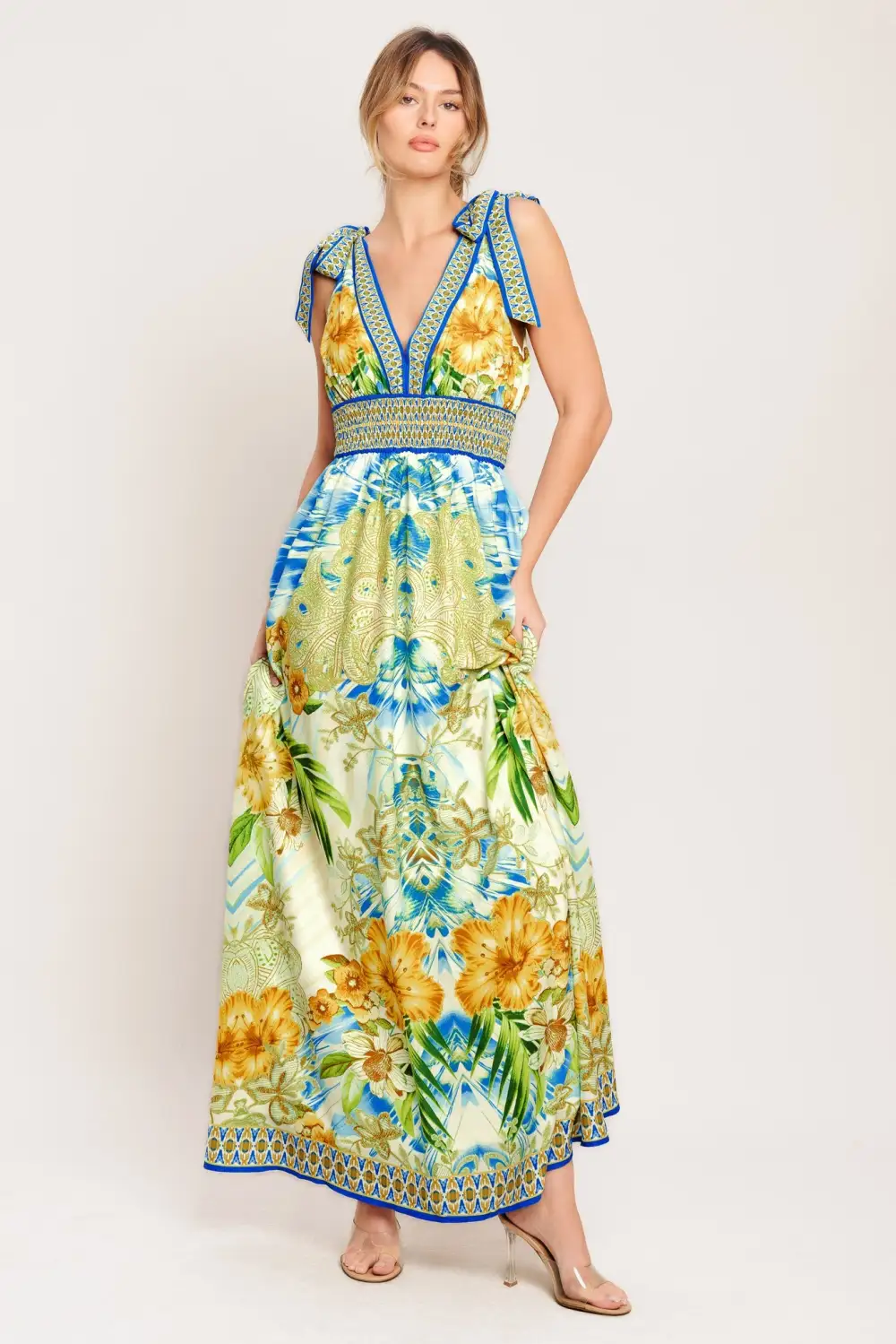Modern Smocked Printed Maxi Dress