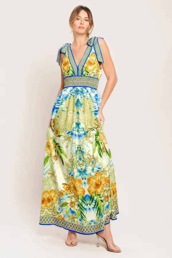 Modern Smocked Printed Maxi Dress